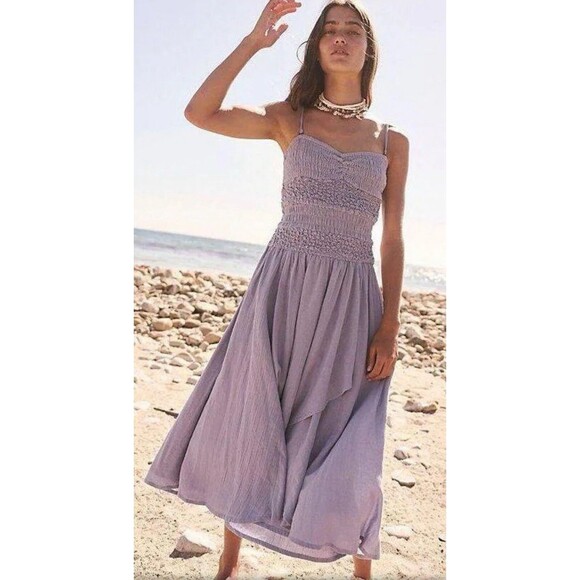 Free People Dresses & Skirts - Free People Dress Midi Women Blue Drop Waist Cotton Boho Vacay Preppy Sz XS NWT